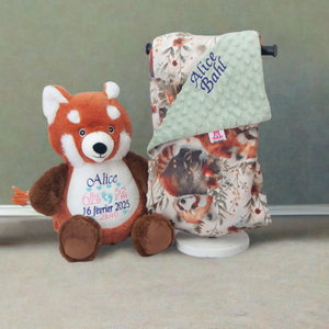 Stuffed red panda and matching blanket personalized