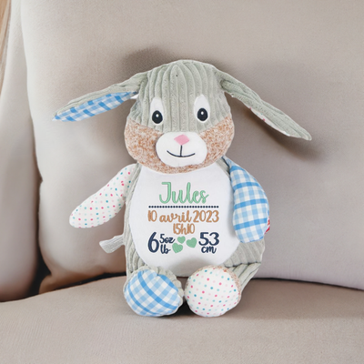 Stuffed animal with custom embroidery bunny