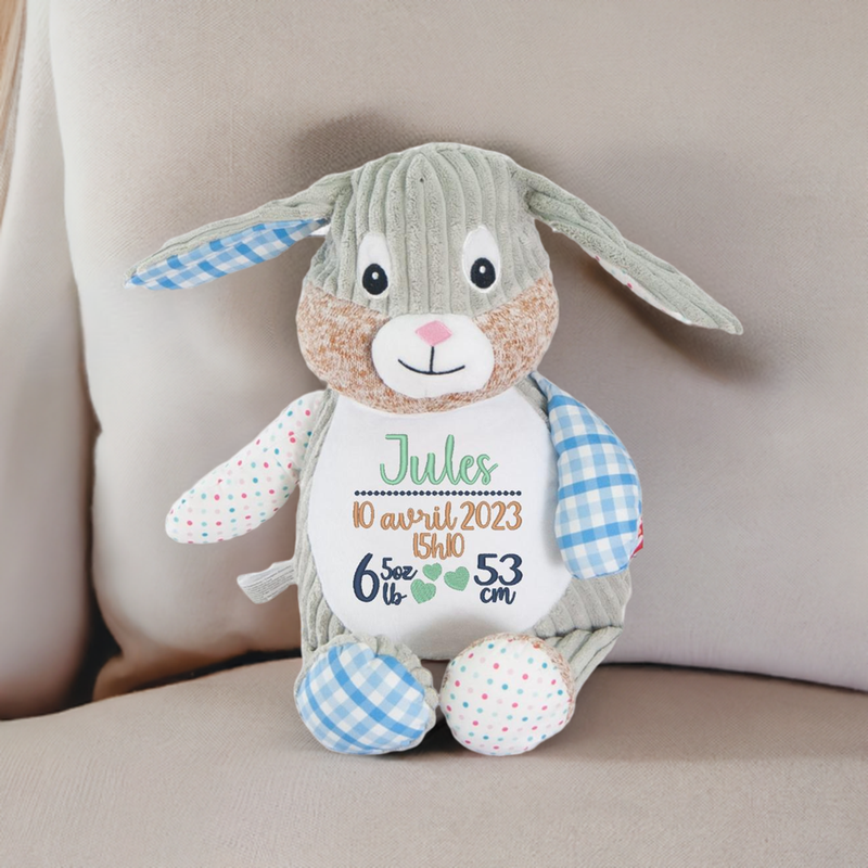 Stuffed animal with custom embroidery bunny