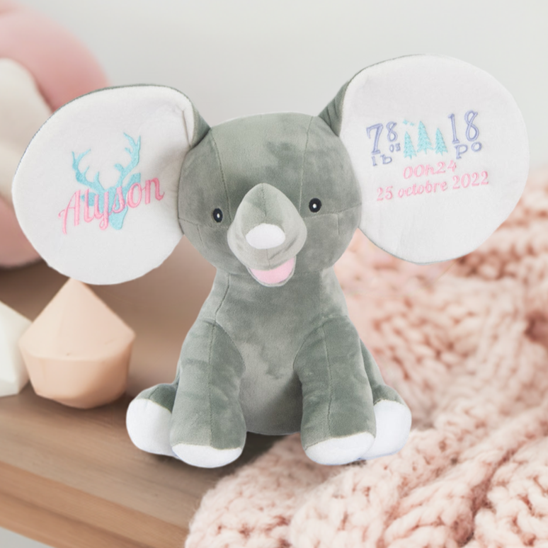 Birth stats stuffed grey elephant