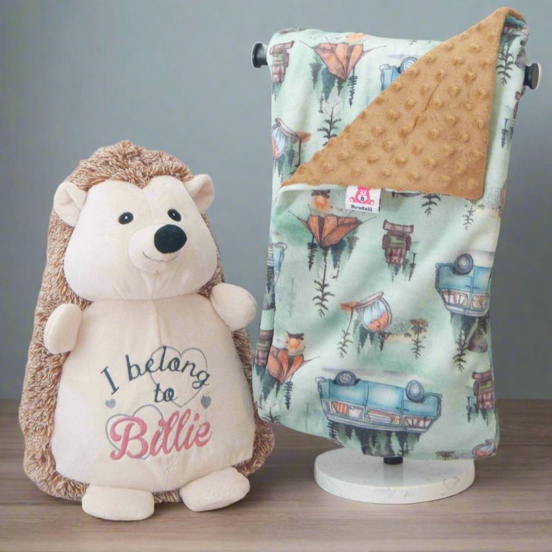 Westfalia and tents blanket and hedgehog teddy