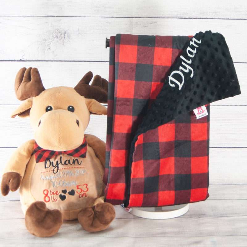 Moose and buffalo plaid blanket newborn giftset