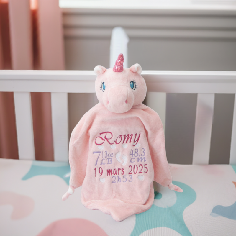 doudou licorne rose avec nom
