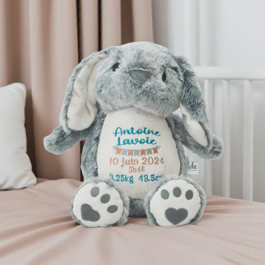 Fernie the Bunny - Personalized with Custom Embroidery of Birth Announcement and Name - 