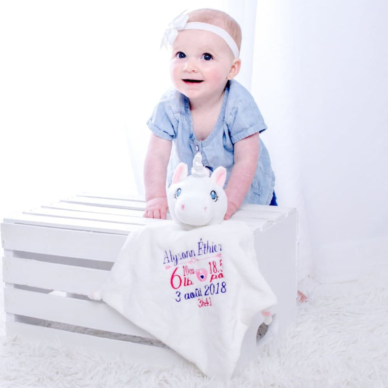 Doudou licorne blanche avec nom