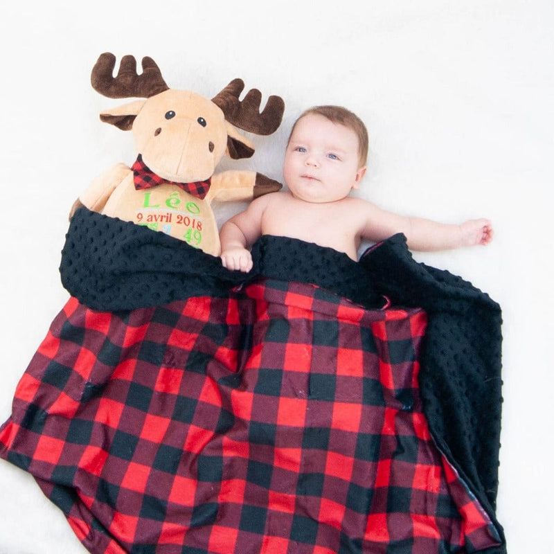 Baby boy with custom moose teddy and lumberjack blanket