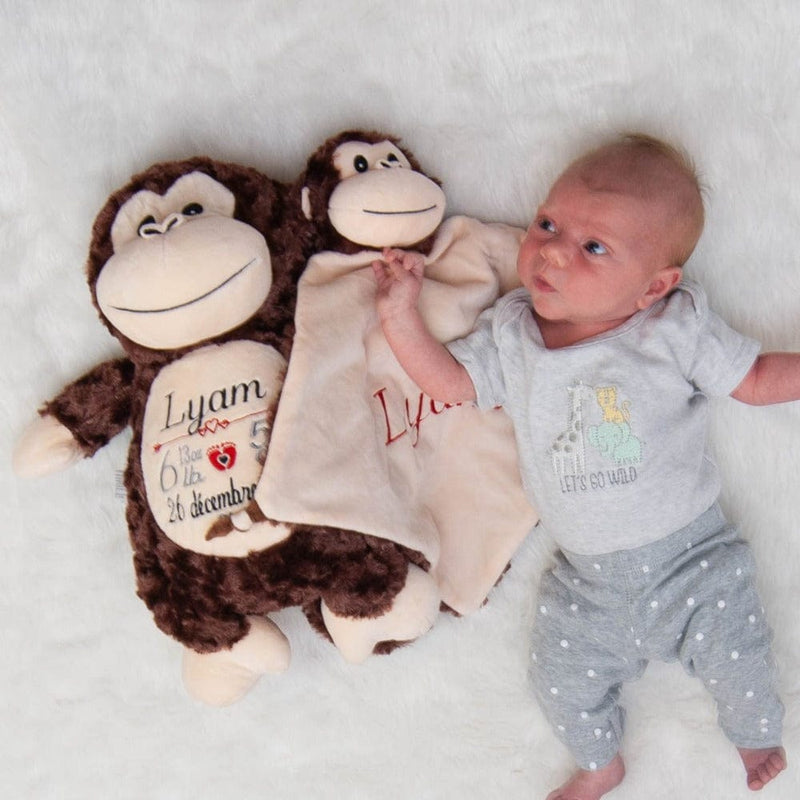 Baby boy with personalized stuffed monkeys
