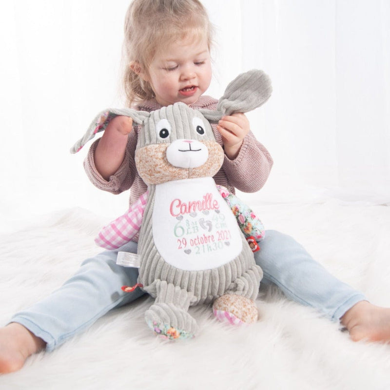 Pink bunny stuffie with name