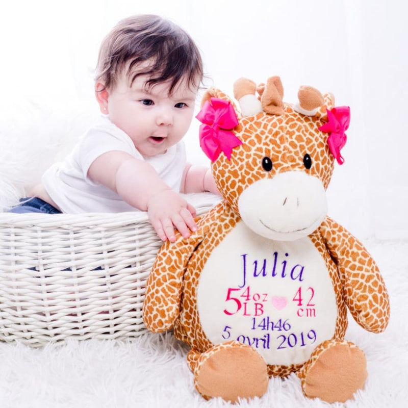 embroidered giraffe with birth stats
