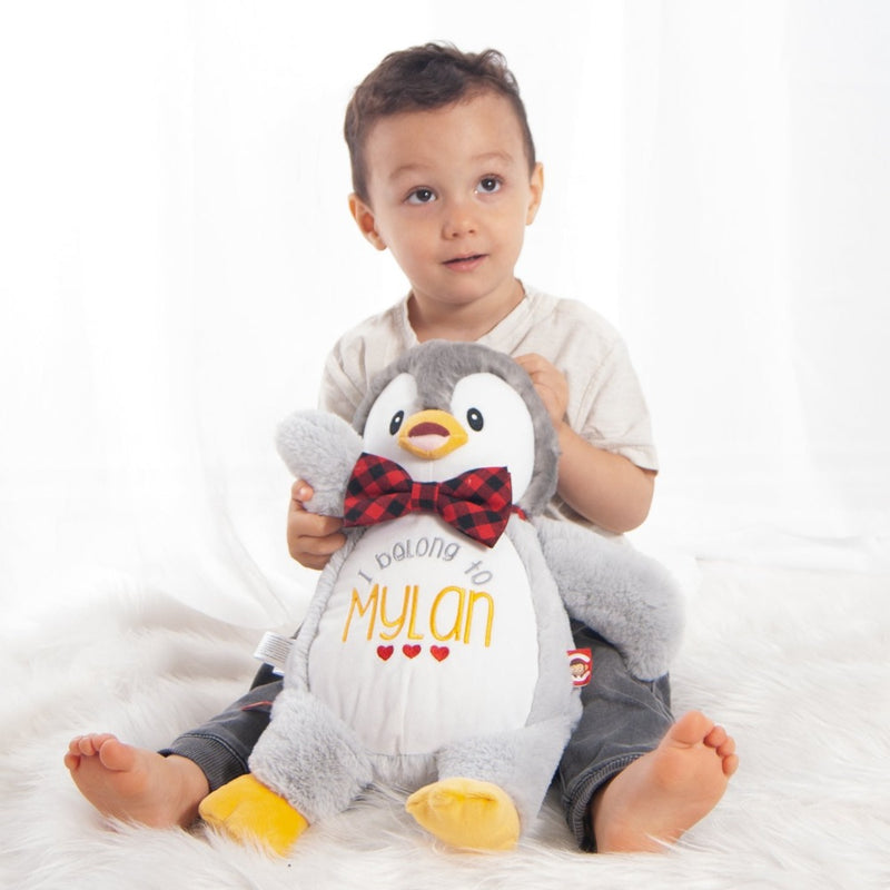 Grey penguin stuffie with name